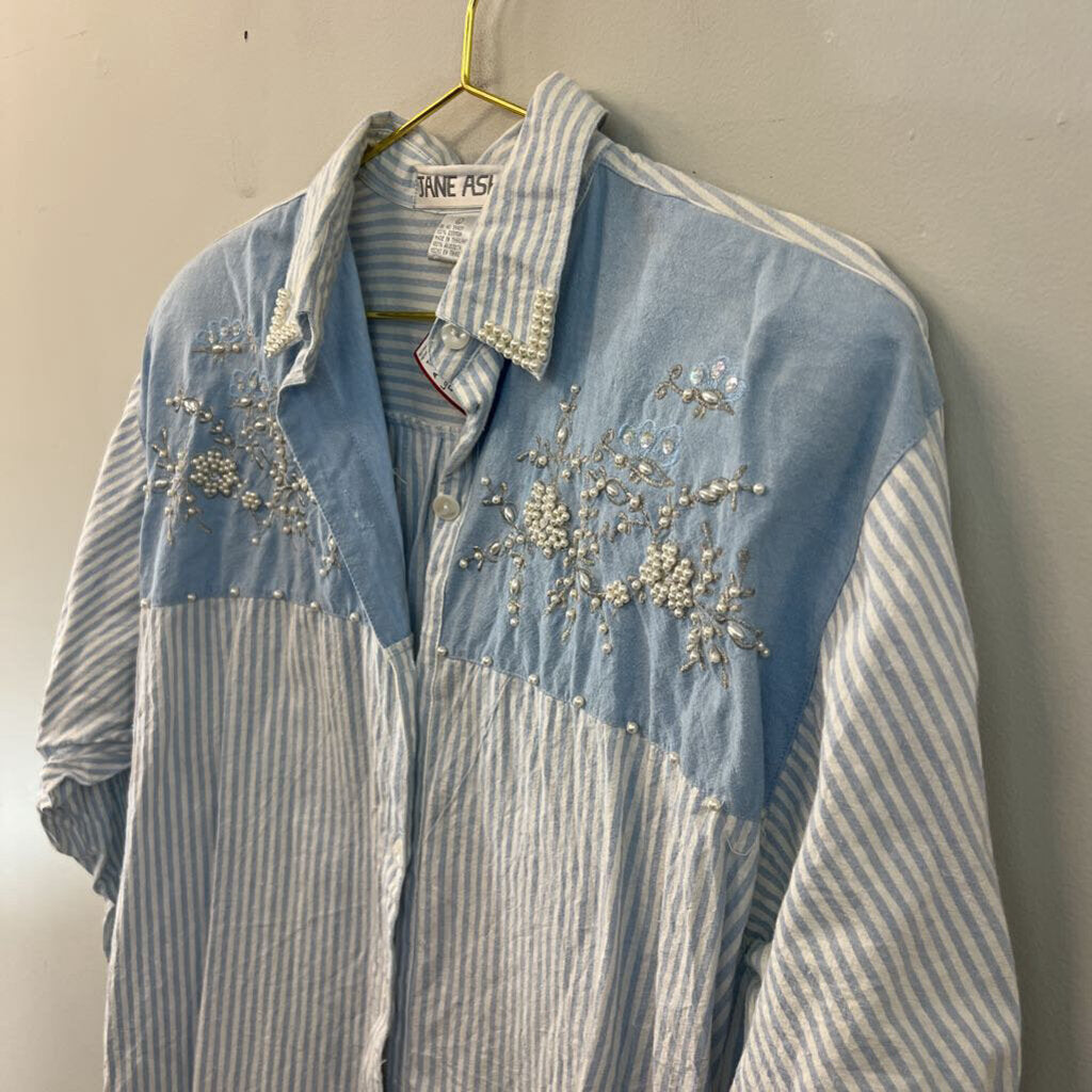 Vintage Jane Ashley Blue/ White Striped Beaded Long Sleeve Button Down Top Large