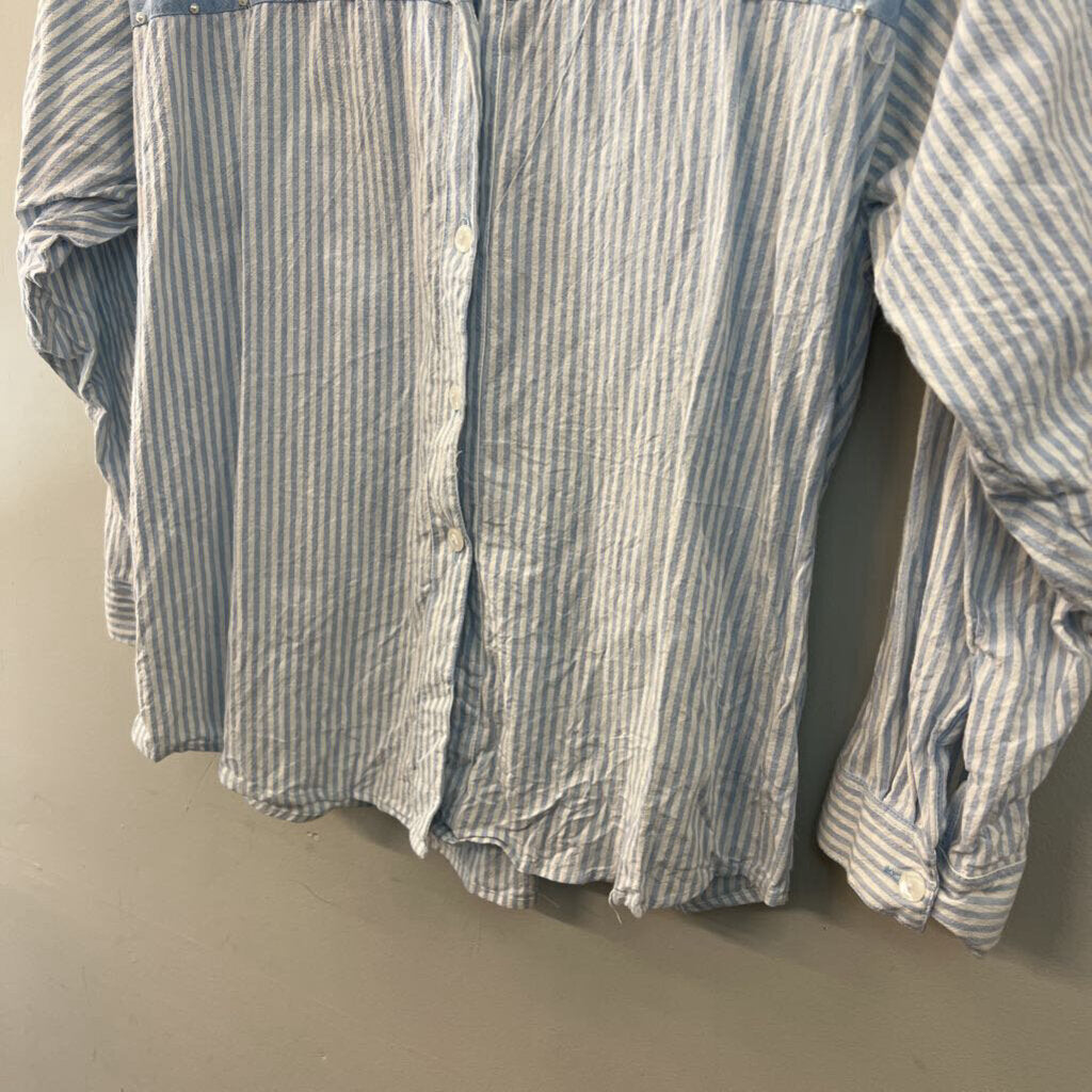 Vintage Jane Ashley Blue/ White Striped Beaded Long Sleeve Button Down Top Large
