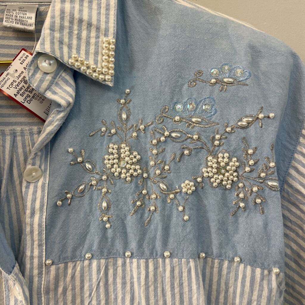 Vintage Jane Ashley Blue/ White Striped Beaded Long Sleeve Button Down Top Large