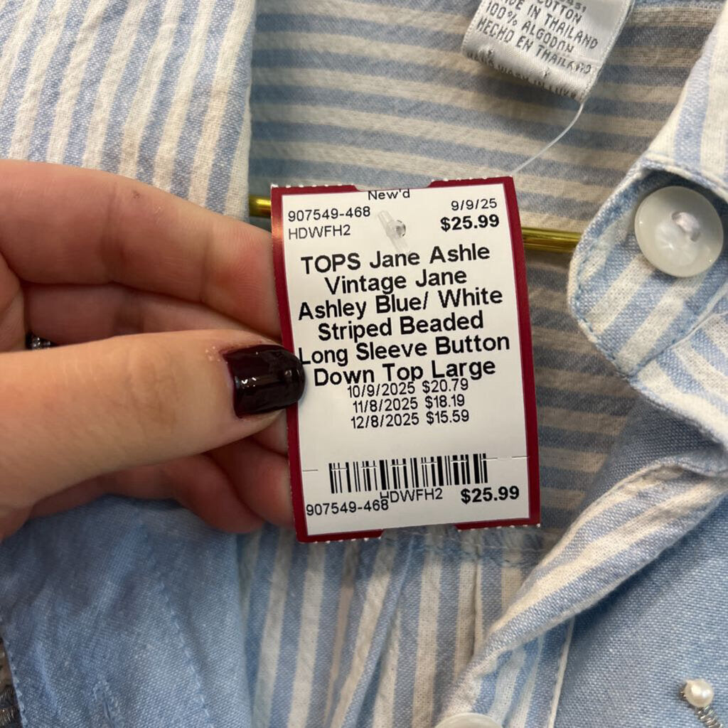 Vintage Jane Ashley Blue/ White Striped Beaded Long Sleeve Button Down Top Large