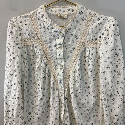 Easy Clothes Cream Flower Print Lace Detail Long Sleeve Button Front Top M/L