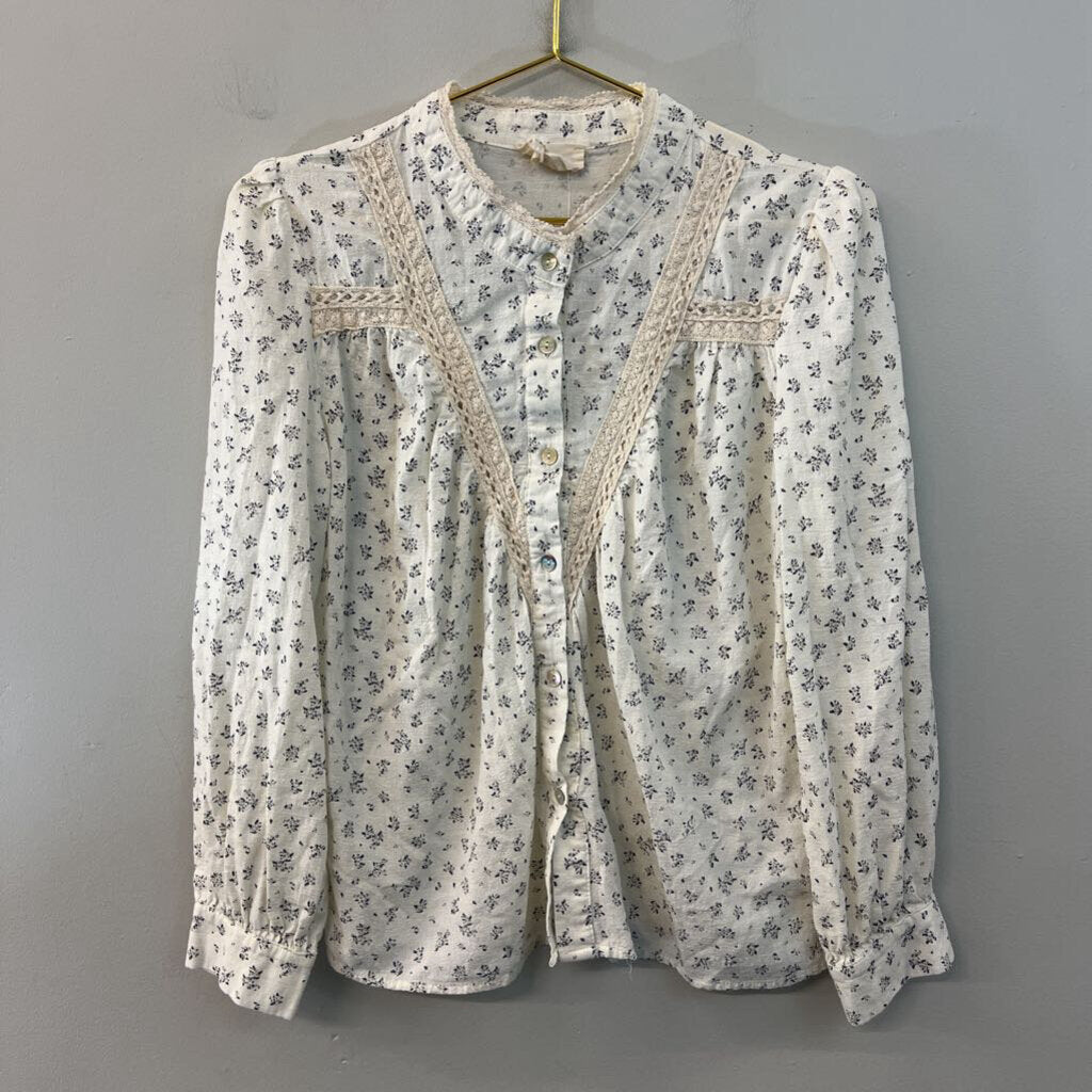 Easy Clothes Cream Flower Print Lace Detail Long Sleeve Button Front Top M/L