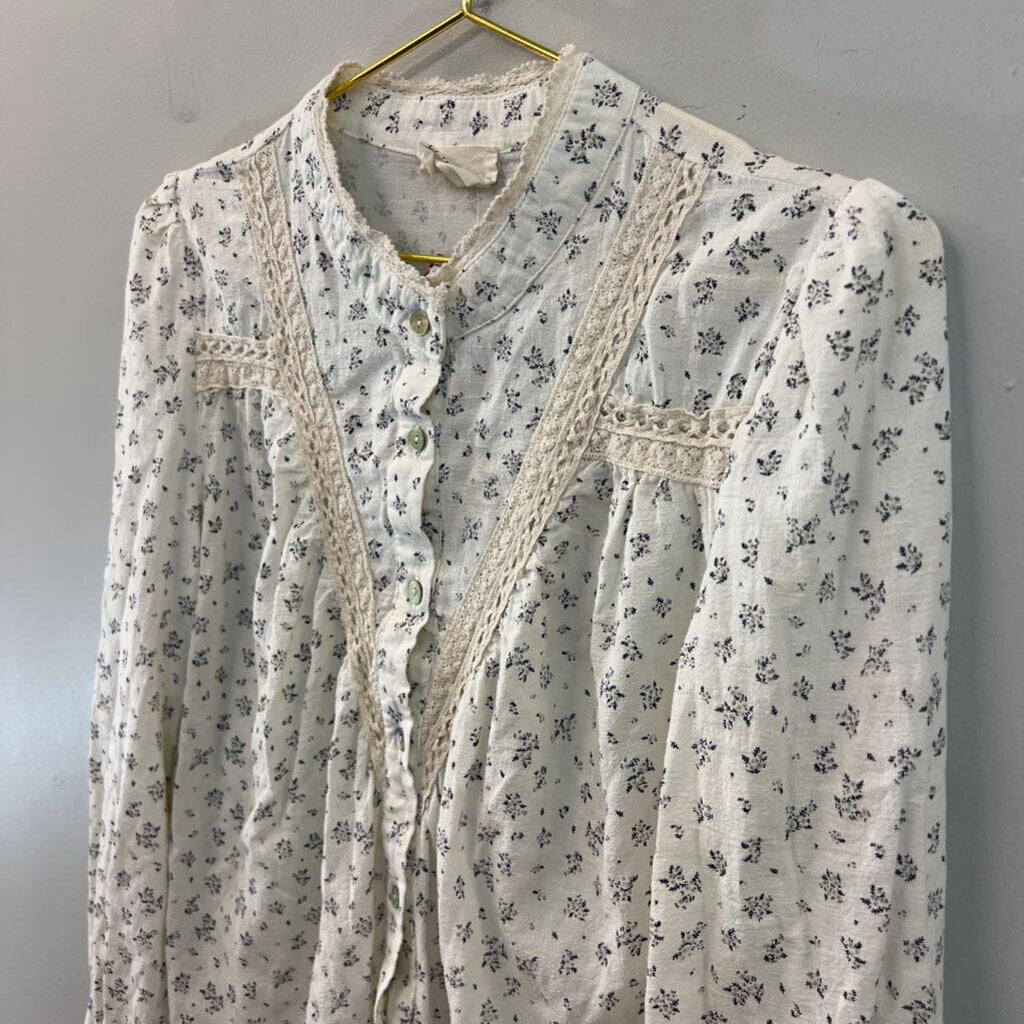 Easy Clothes Cream Flower Print Lace Detail Long Sleeve Button Front Top M/L