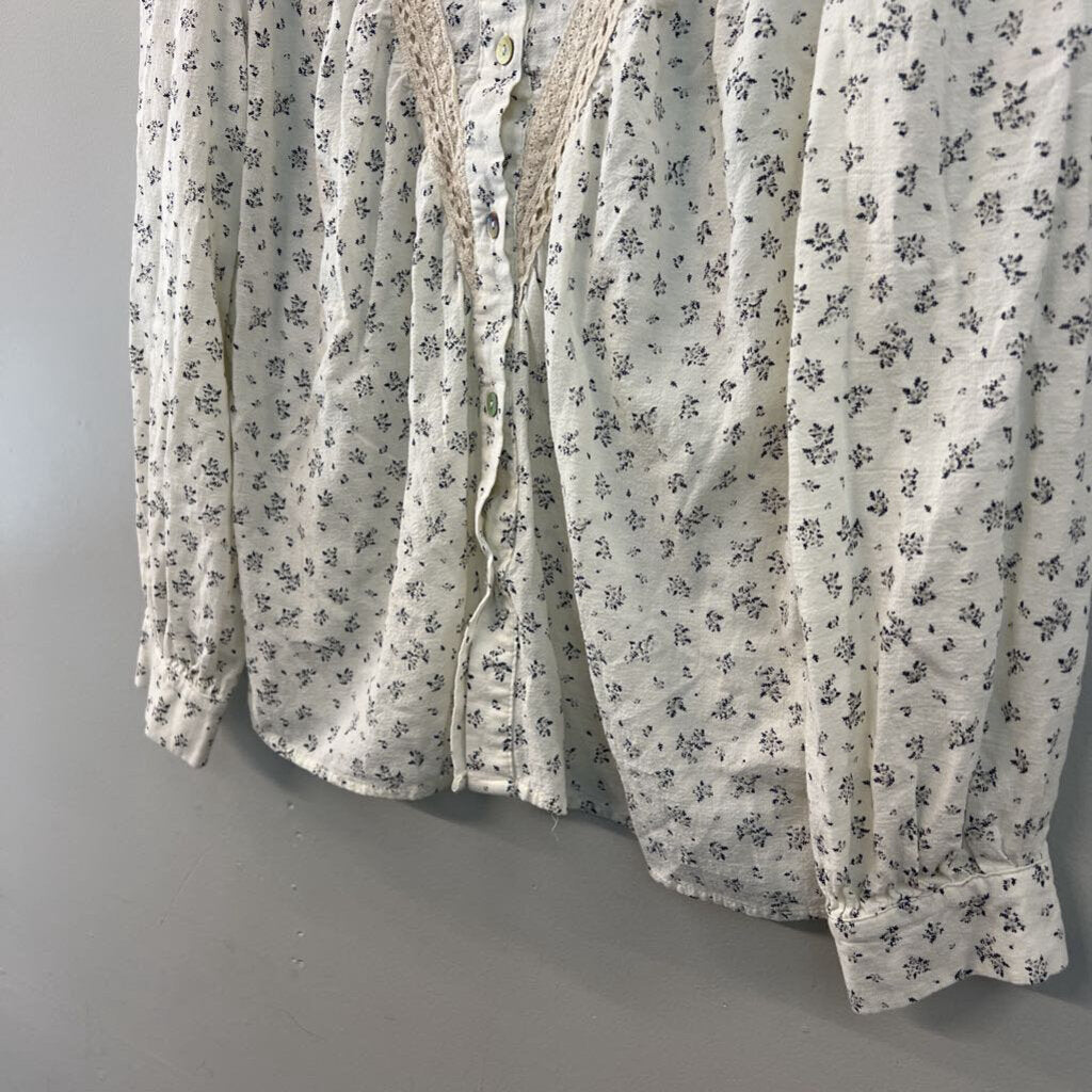 Easy Clothes Cream Flower Print Lace Detail Long Sleeve Button Front Top M/L