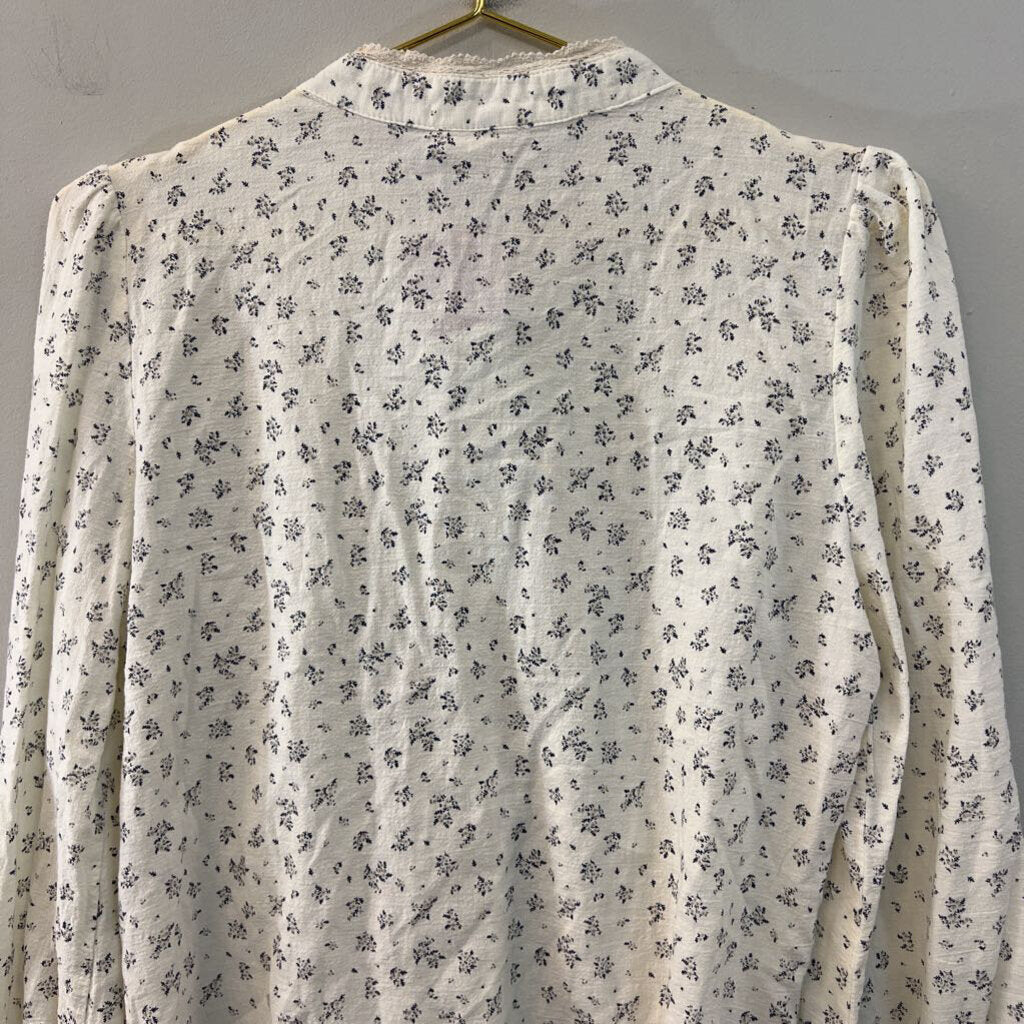Easy Clothes Cream Flower Print Lace Detail Long Sleeve Button Front Top M/L