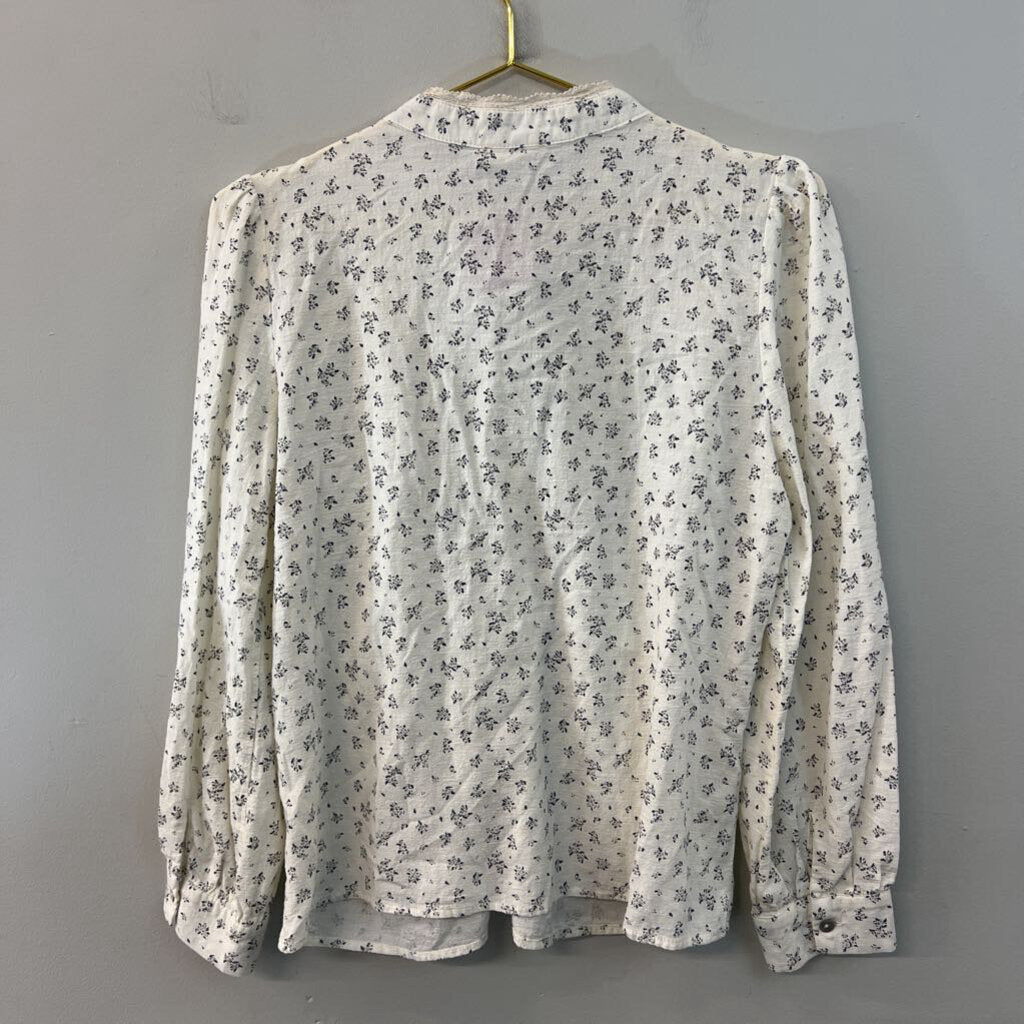 Easy Clothes Cream Flower Print Lace Detail Long Sleeve Button Front Top M/L