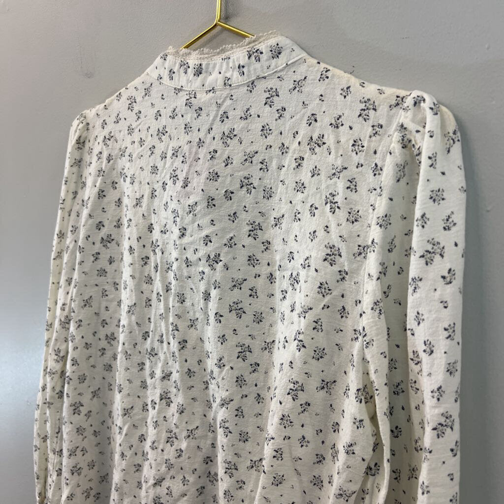 Easy Clothes Cream Flower Print Lace Detail Long Sleeve Button Front Top M/L