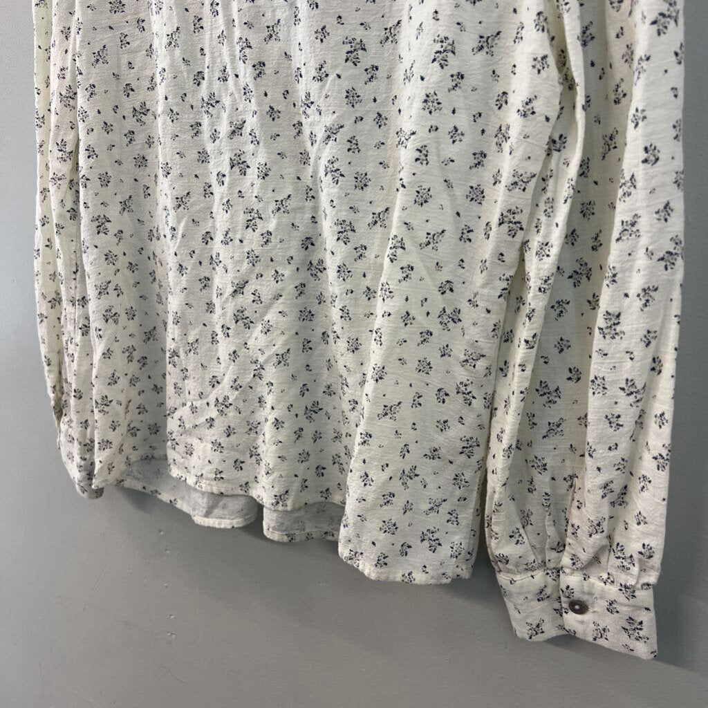 Easy Clothes Cream Flower Print Lace Detail Long Sleeve Button Front Top M/L