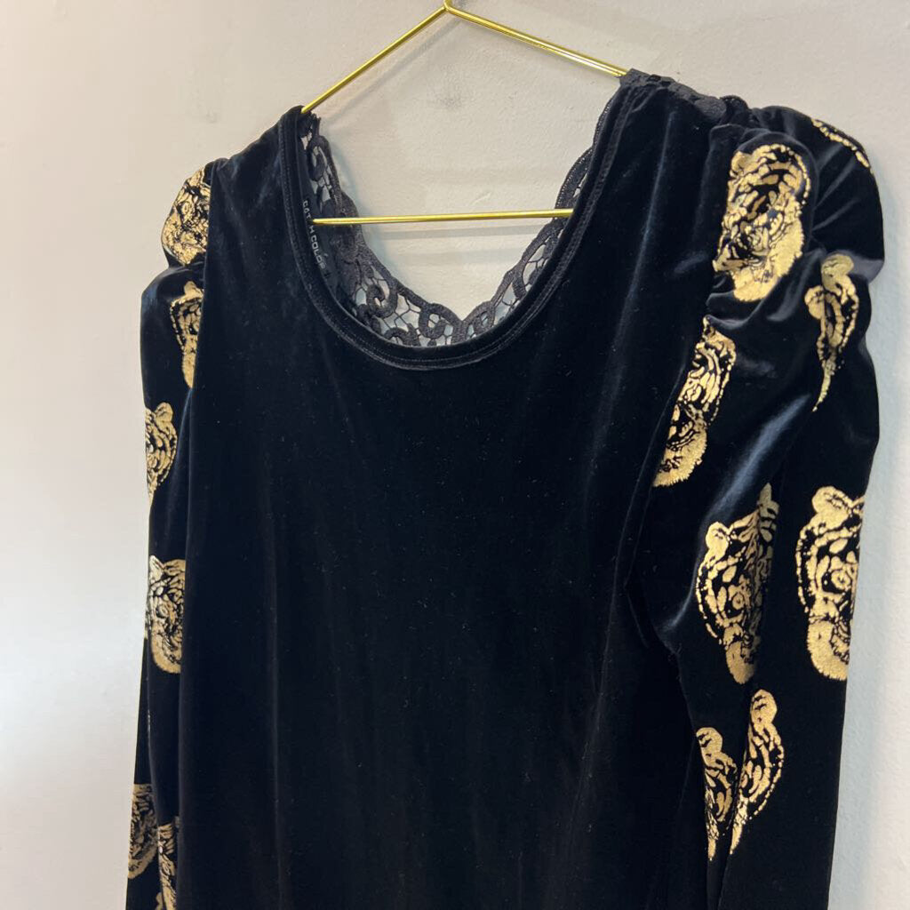 Catch Color Black Velvet Gold Tiger Print Long Sleeve Top Extra Large