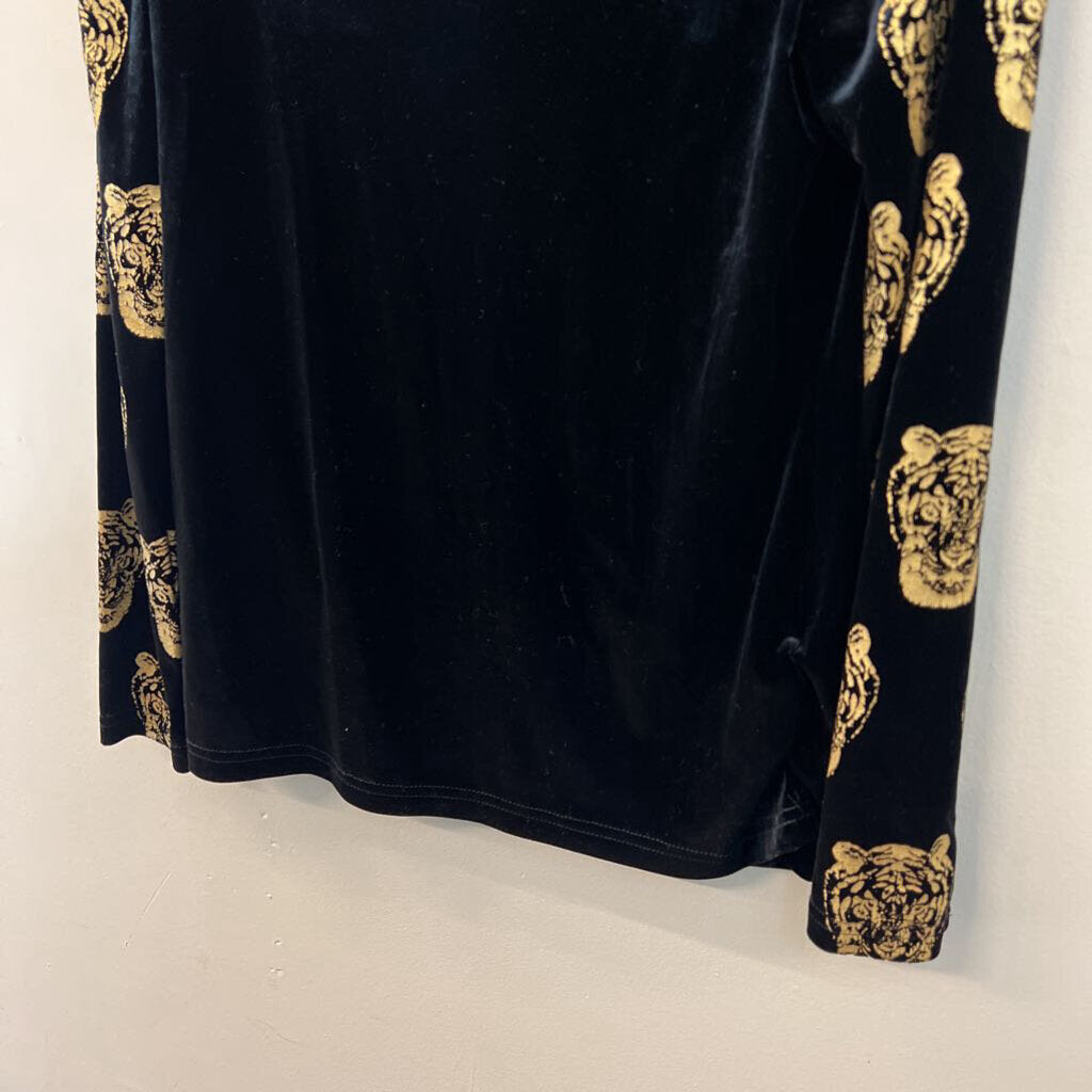 Catch Color Black Velvet Gold Tiger Print Long Sleeve Top Extra Large