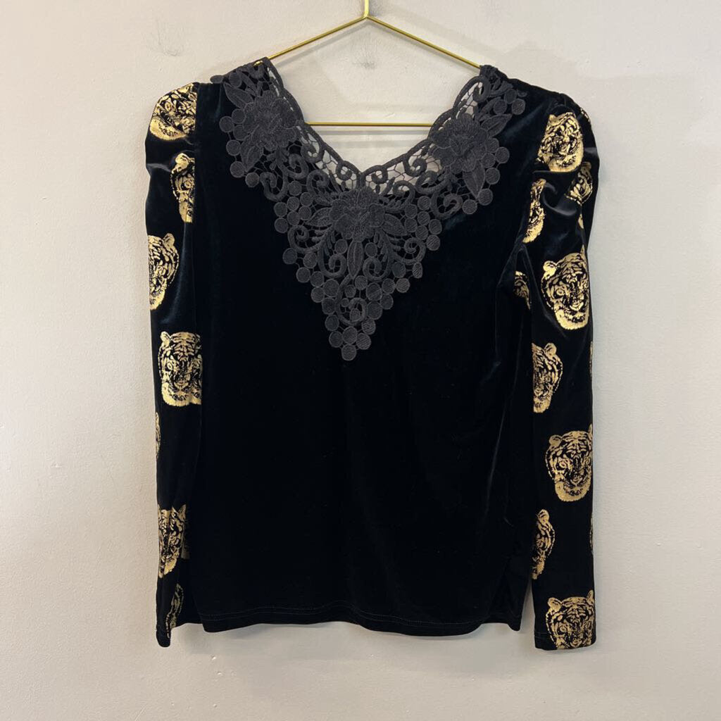 Catch Color Black Velvet Gold Tiger Print Long Sleeve Top Extra Large