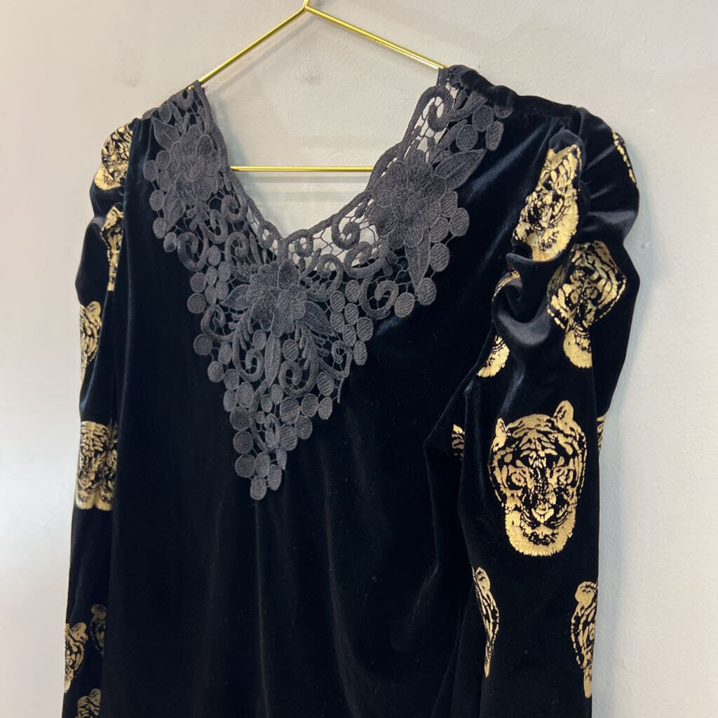 Catch Color Black Velvet Gold Tiger Print Long Sleeve Top Extra Large