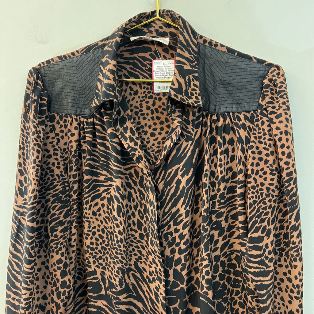 Vintage Jordan Brown/ Black Animal Print Long Sleeve Button Down Top Medium