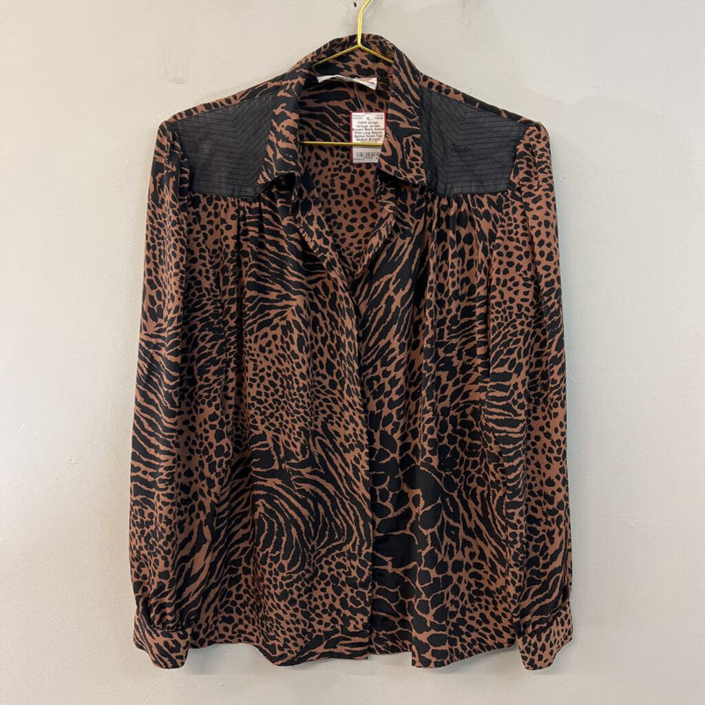 Vintage Jordan Brown/ Black Animal Print Long Sleeve Button Down Top Medium