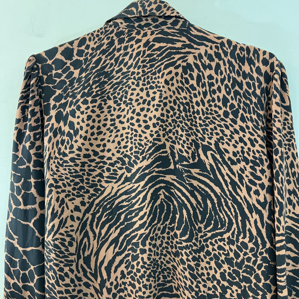 Vintage Jordan Brown/ Black Animal Print Long Sleeve Button Down Top Medium