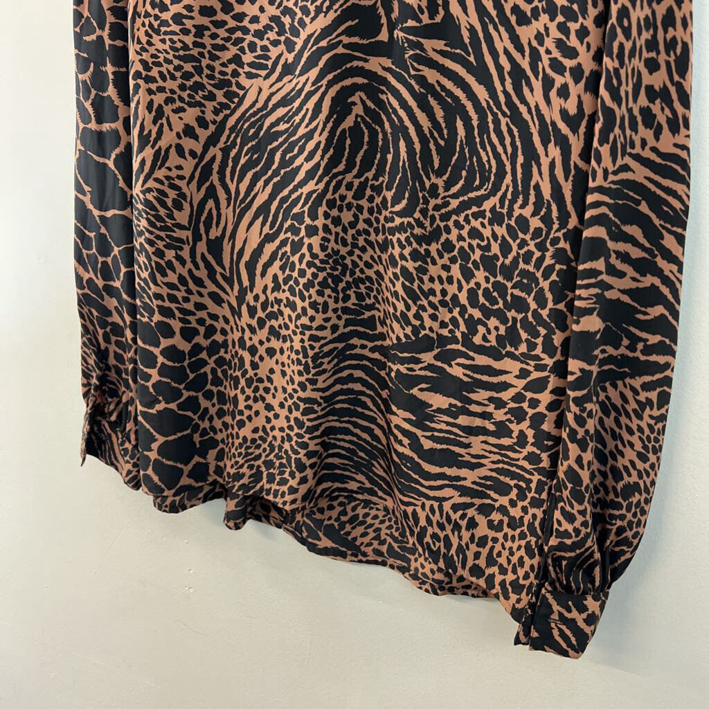 Vintage Jordan Brown/ Black Animal Print Long Sleeve Button Down Top Medium