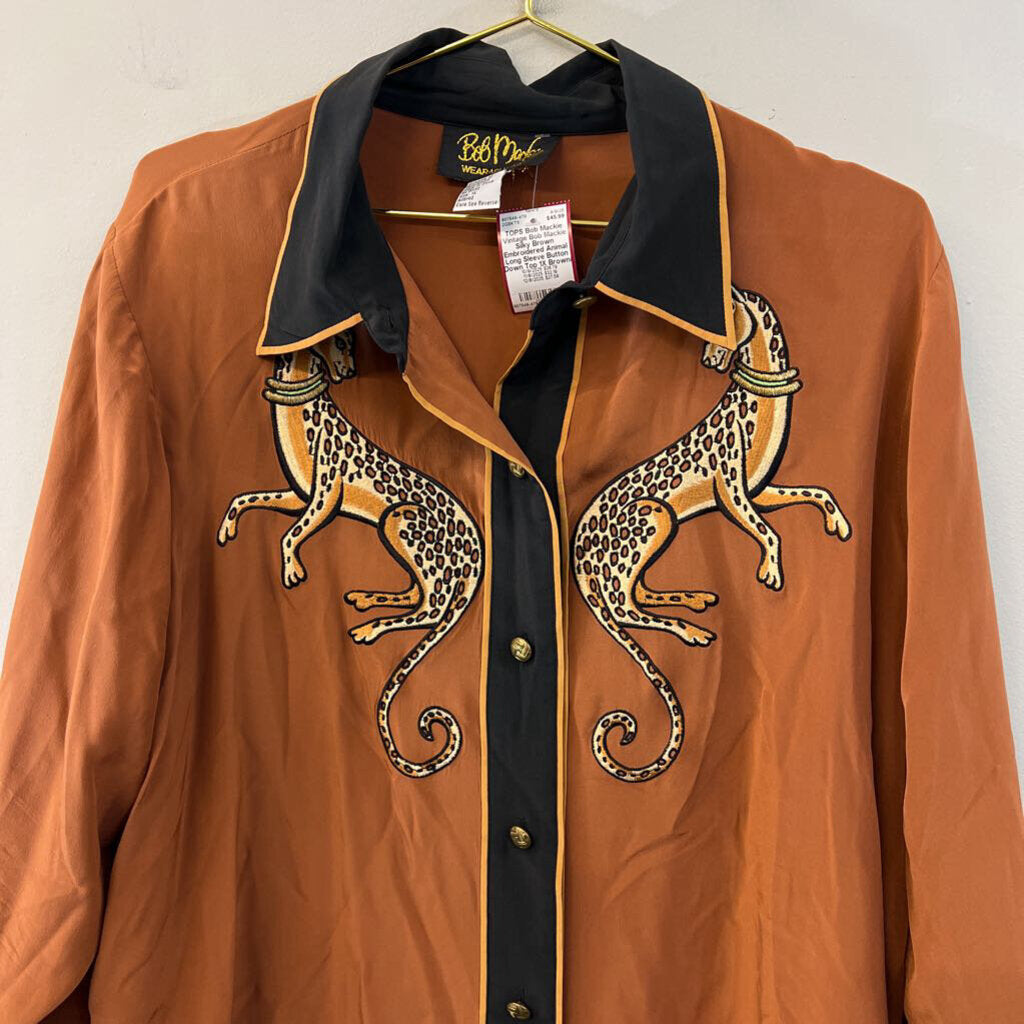 Vintage Bob Mackie Silky Brown Embroidered Animal Long Sleeve Button Down Top 1X