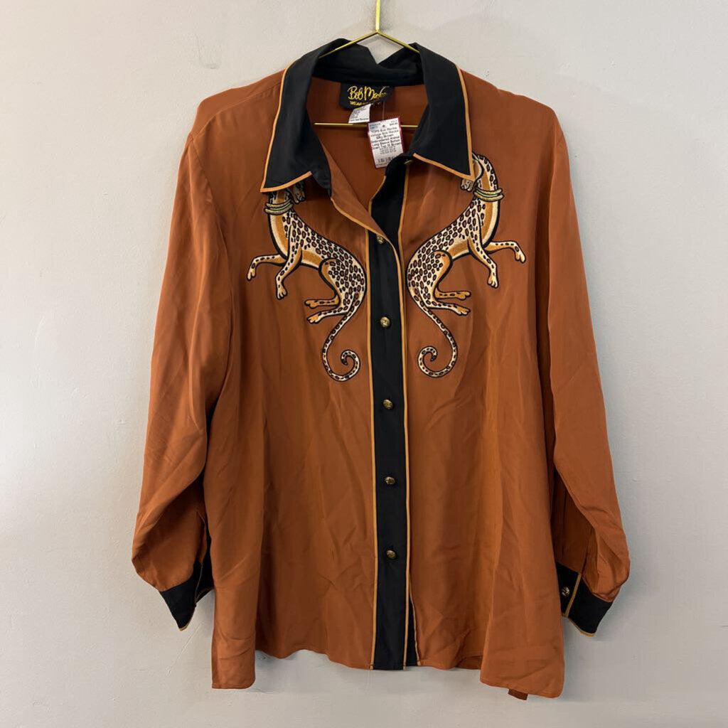 Vintage Bob Mackie Silky Brown Embroidered Animal Long Sleeve Button Down Top 1X