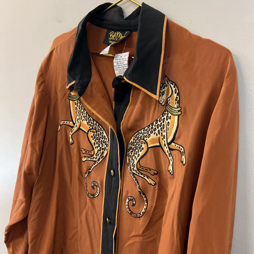 Vintage Bob Mackie Silky Brown Embroidered Animal Long Sleeve Button Down Top 1X