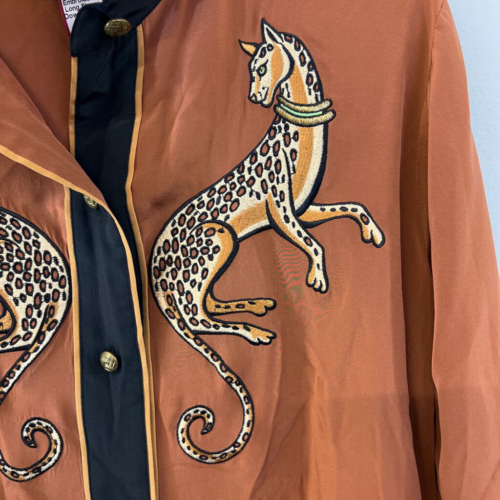 Vintage Bob Mackie Silky Brown Embroidered Animal Long Sleeve Button Down Top 1X