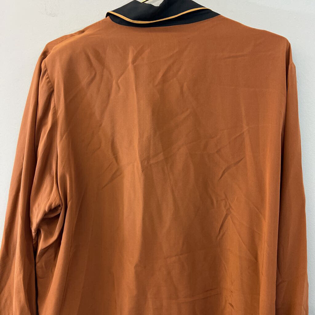 Vintage Bob Mackie Silky Brown Embroidered Animal Long Sleeve Button Down Top 1X