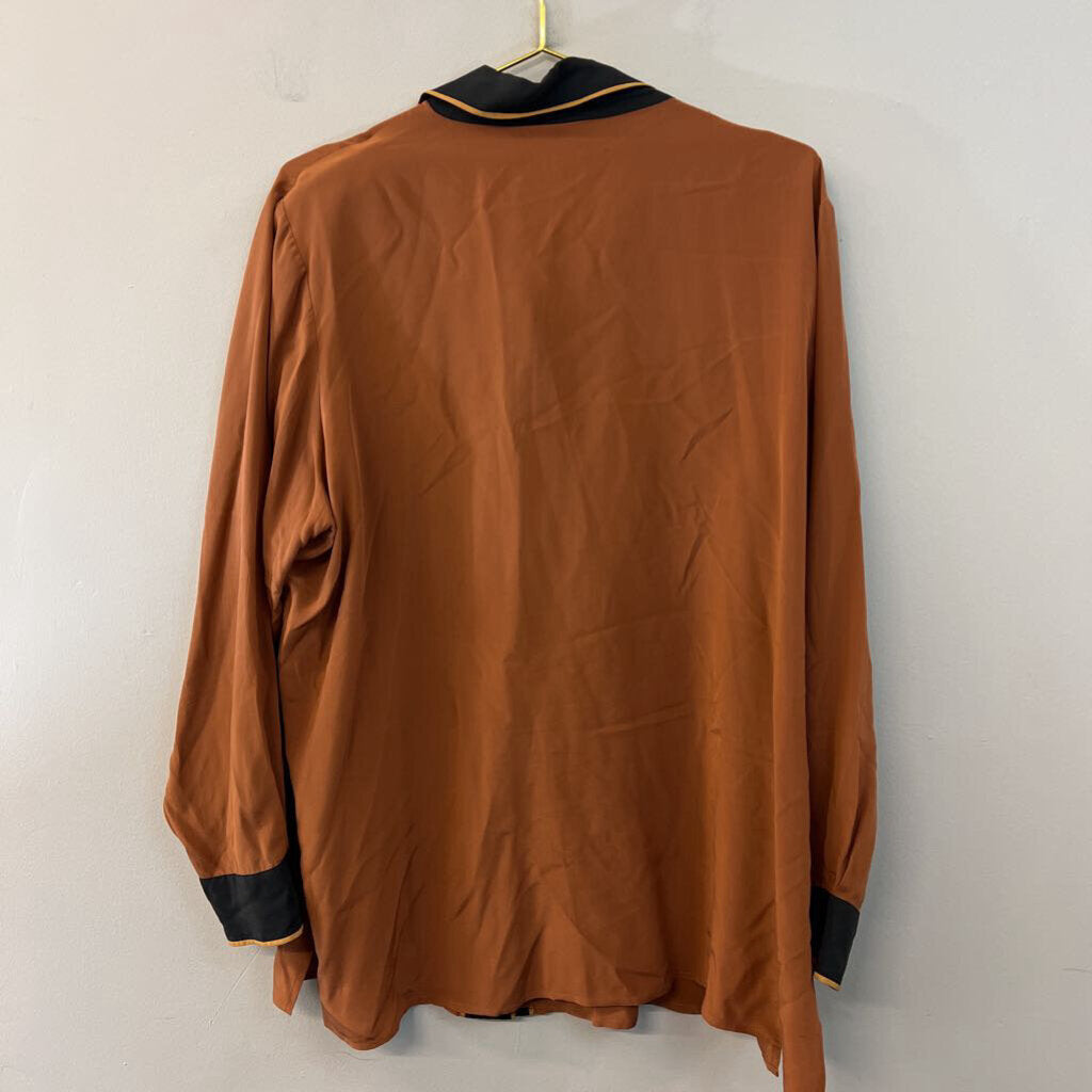 Vintage Bob Mackie Silky Brown Embroidered Animal Long Sleeve Button Down Top 1X
