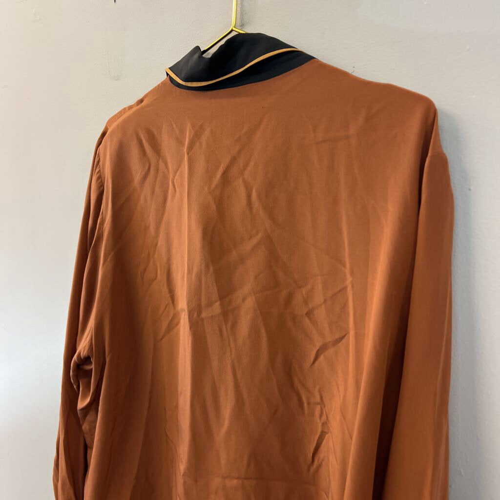 Vintage Bob Mackie Silky Brown Embroidered Animal Long Sleeve Button Down Top 1X