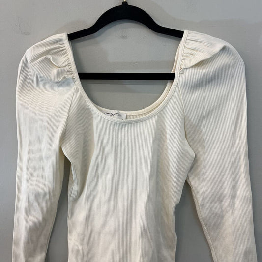 Carly Jean Cream Ribbed Puff Shoulder Long Sleeve Top Medium