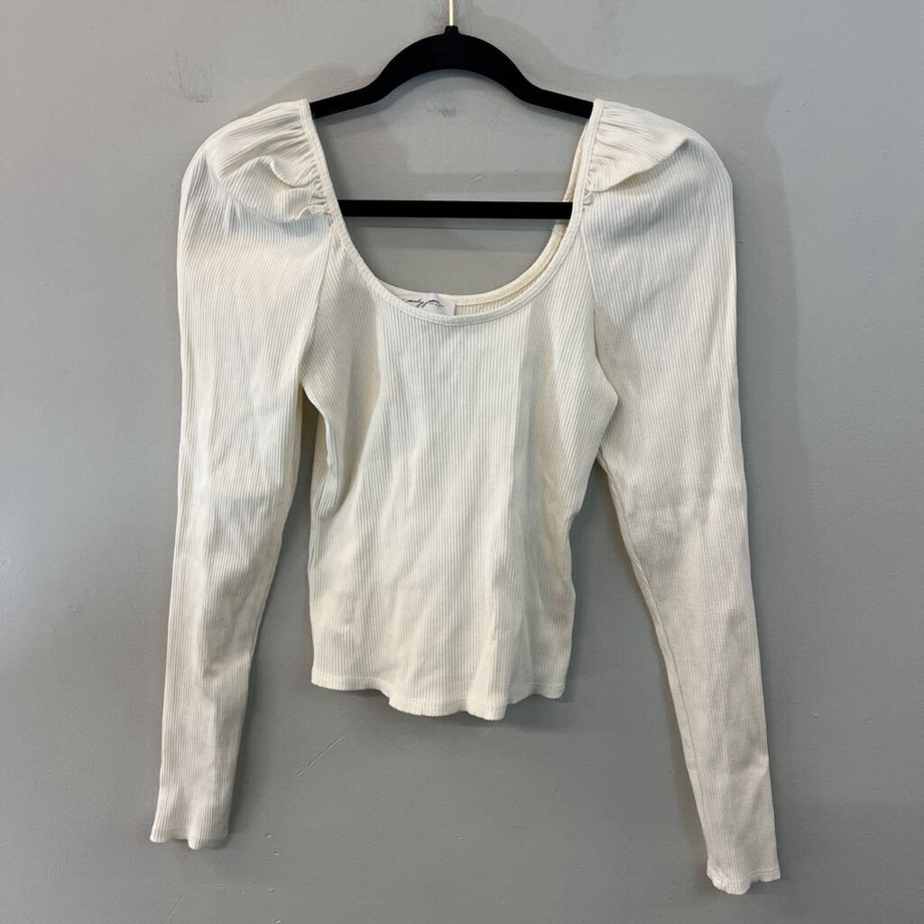 Carly Jean Cream Ribbed Puff Shoulder Long Sleeve Top Medium