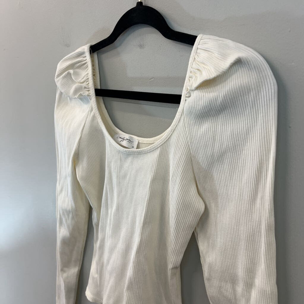 Carly Jean Cream Ribbed Puff Shoulder Long Sleeve Top Medium