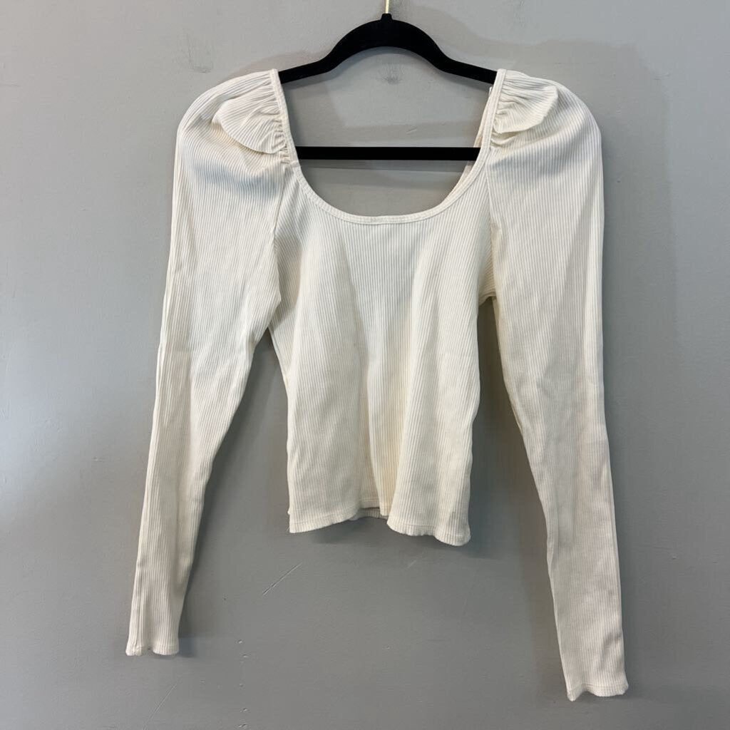 Carly Jean Cream Ribbed Puff Shoulder Long Sleeve Top Medium