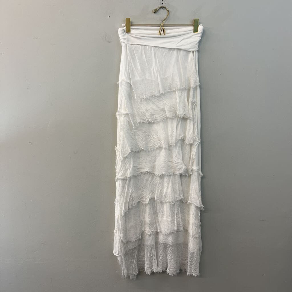 Made In Italy White 100% Silk Tiered Layered Maxi Skirt/ Tank Top Set Small