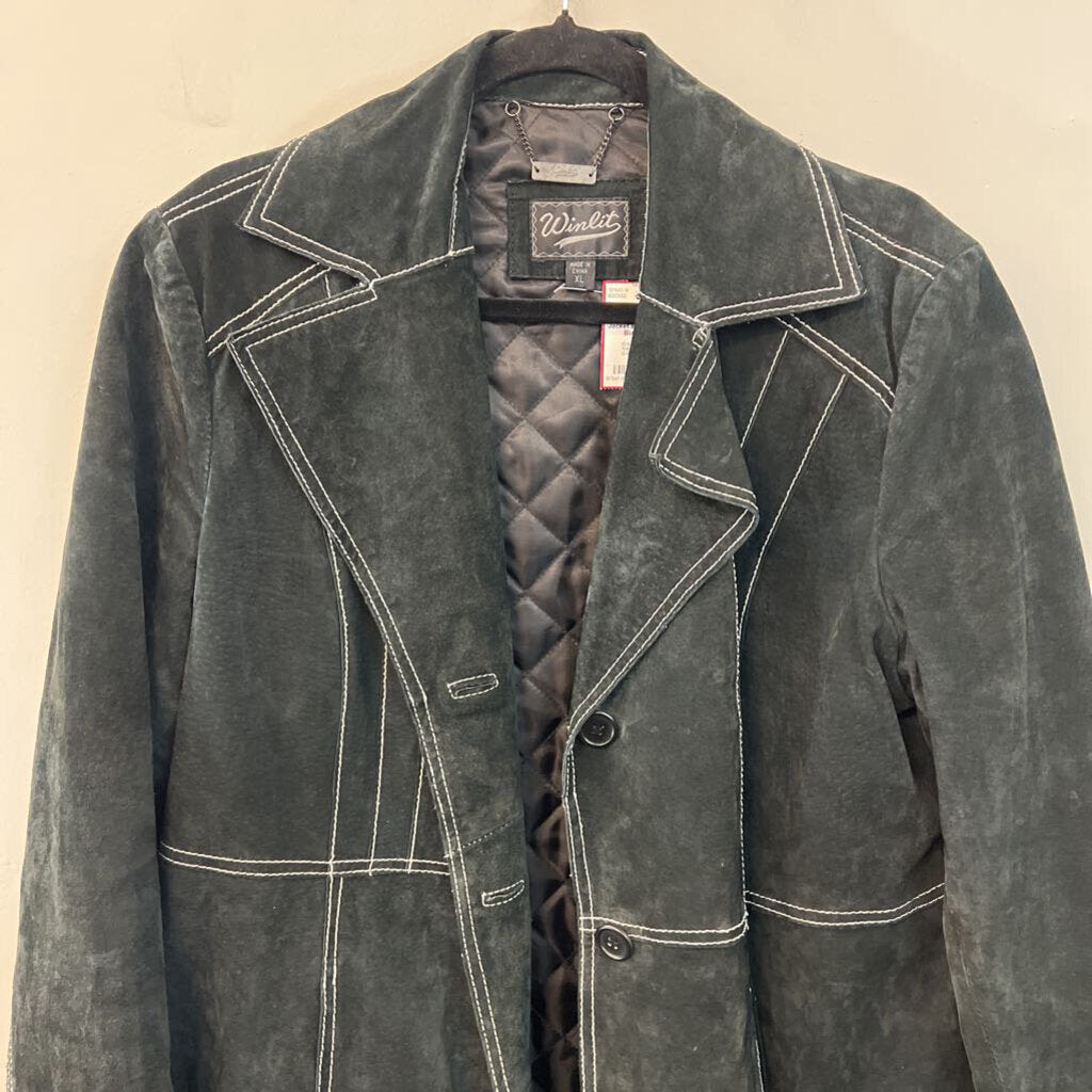 Winlit Black Suede White Stitching Long Jacket Extra Large