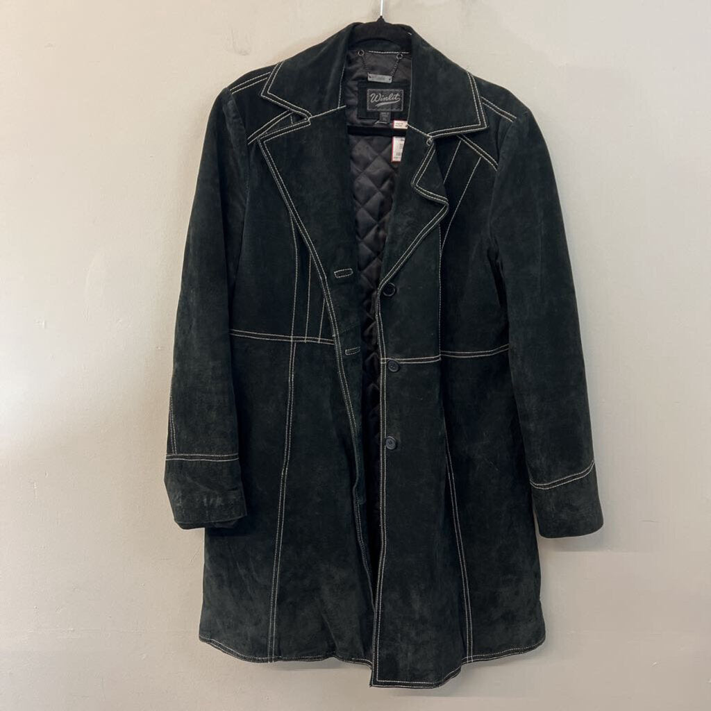 Winlit Black Suede White Stitching Long Jacket Extra Large