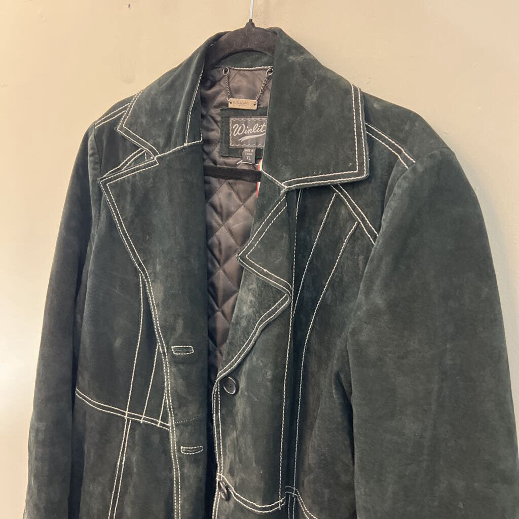 Winlit Black Suede White Stitching Long Jacket Extra Large