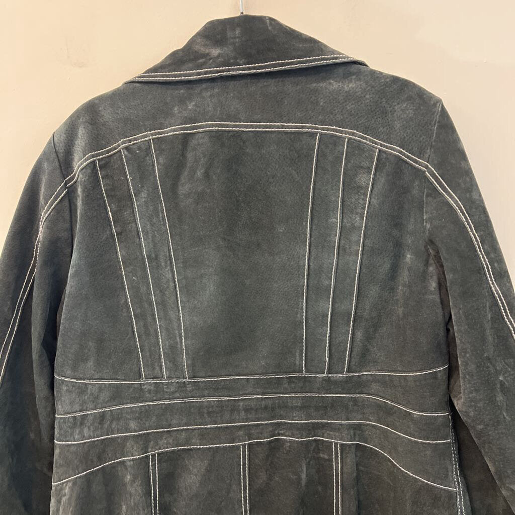 Winlit Black Suede White Stitching Long Jacket Extra Large
