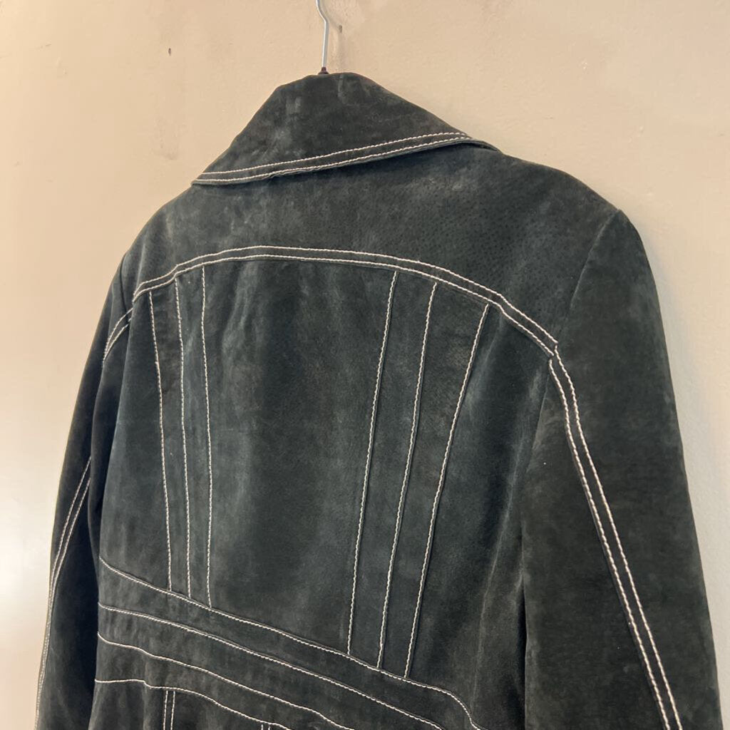 Winlit Black Suede White Stitching Long Jacket Extra Large