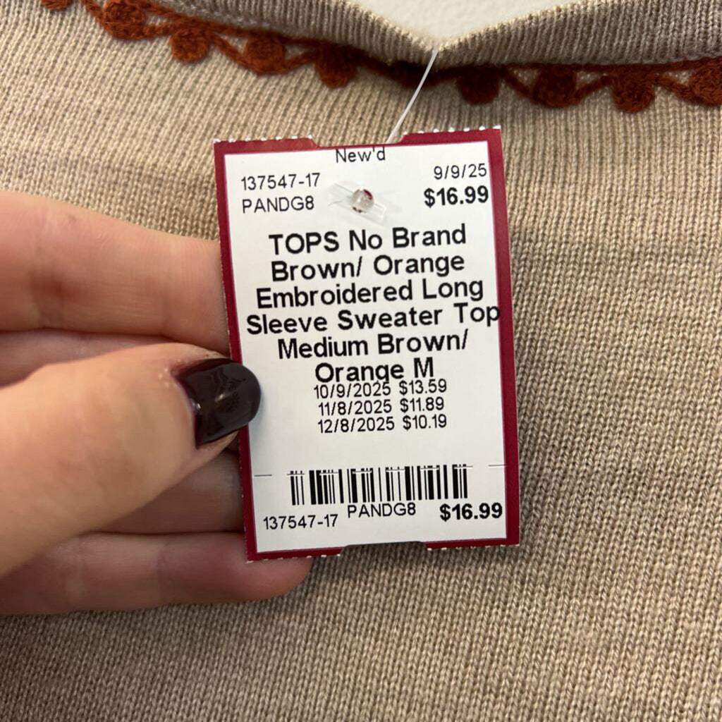Brown/ Orange Embroidered Long Sleeve Sweater Top Medium