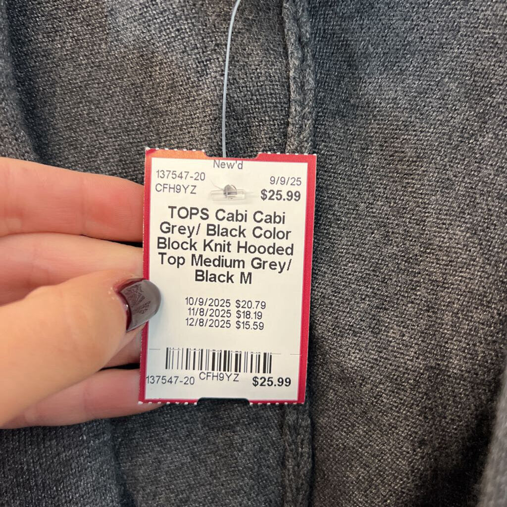 Cabi Grey/ Black Color Block Knit Hooded Top Medium