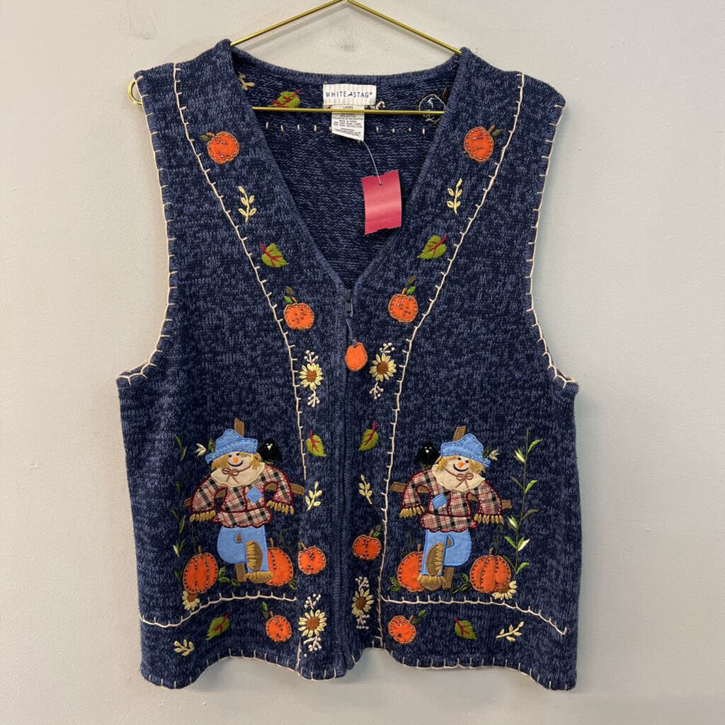 Vintage White Stag Blue/ Multi Fall Knit Sweater Vest Extra Large