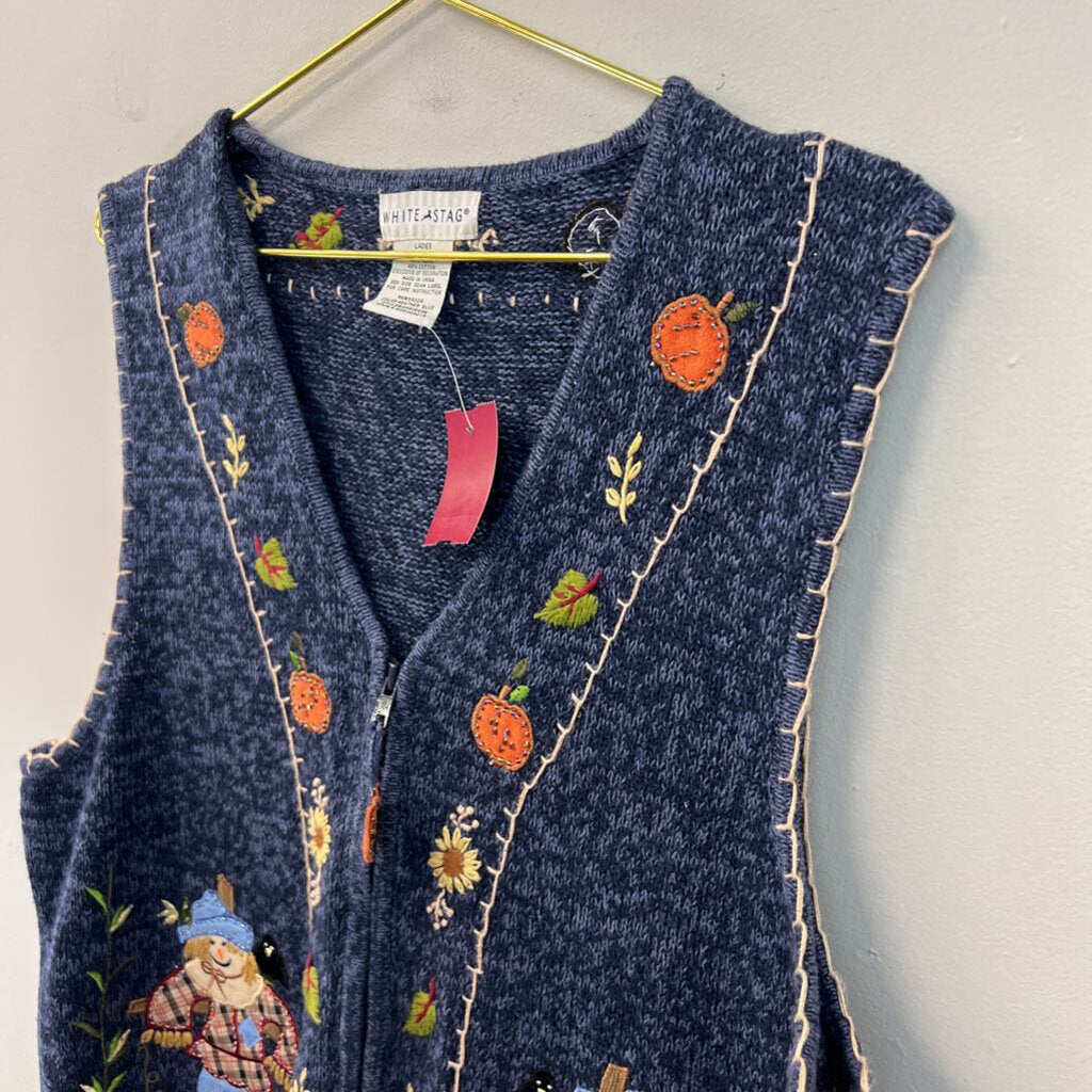 Vintage White Stag Blue/ Multi Fall Knit Sweater Vest Extra Large