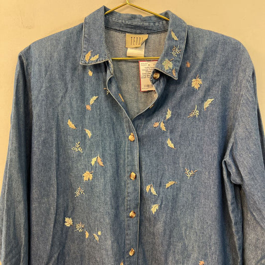 Vintage Teddi Blue Chambray Embroidered Leaf Long Sleeve Button Down Top Small