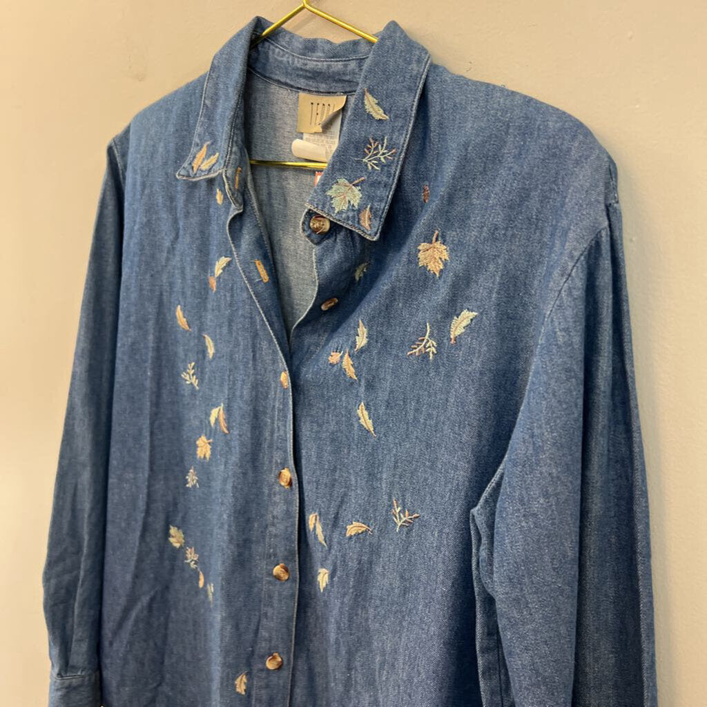 Vintage Teddi Blue Chambray Embroidered Leaf Long Sleeve Button Down Top Small