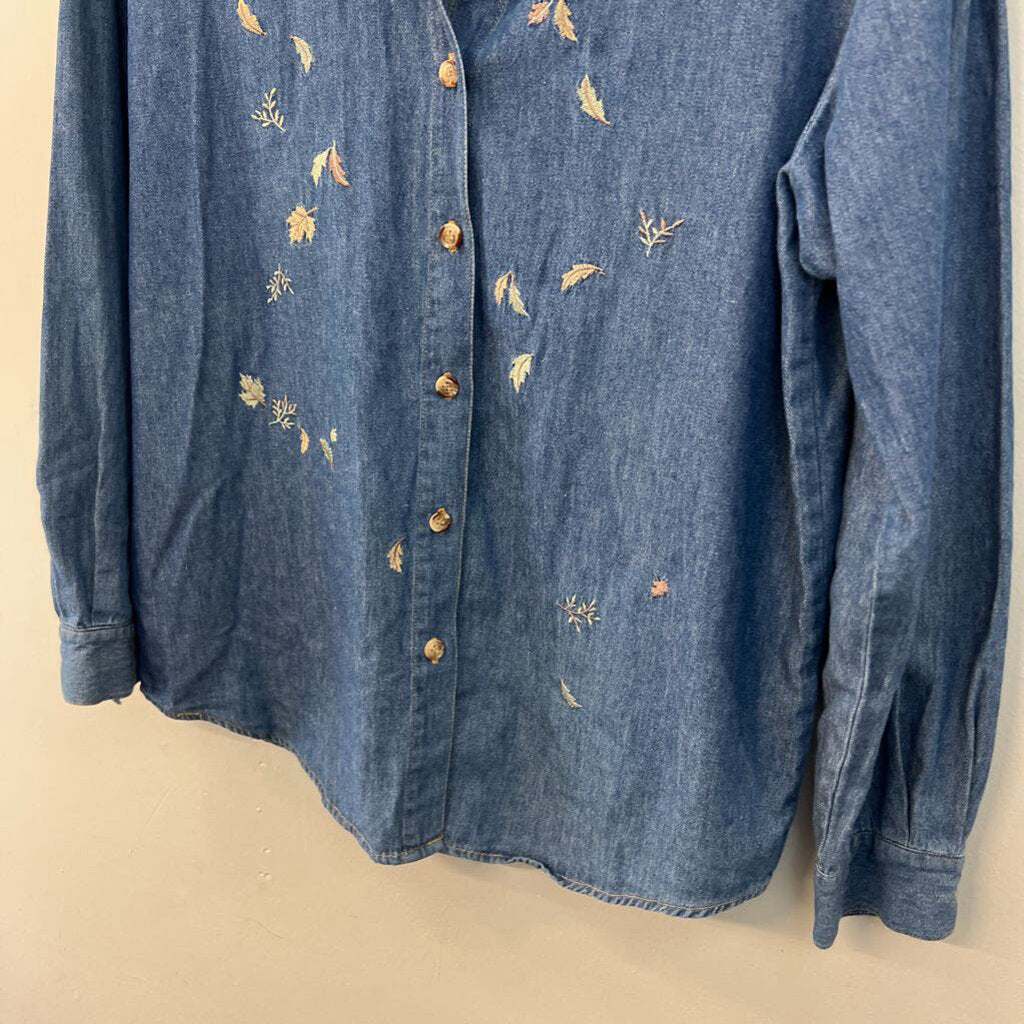 Vintage Teddi Blue Chambray Embroidered Leaf Long Sleeve Button Down Top Small