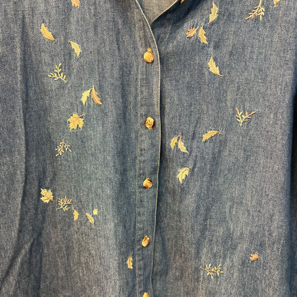 Vintage Teddi Blue Chambray Embroidered Leaf Long Sleeve Button Down Top Small