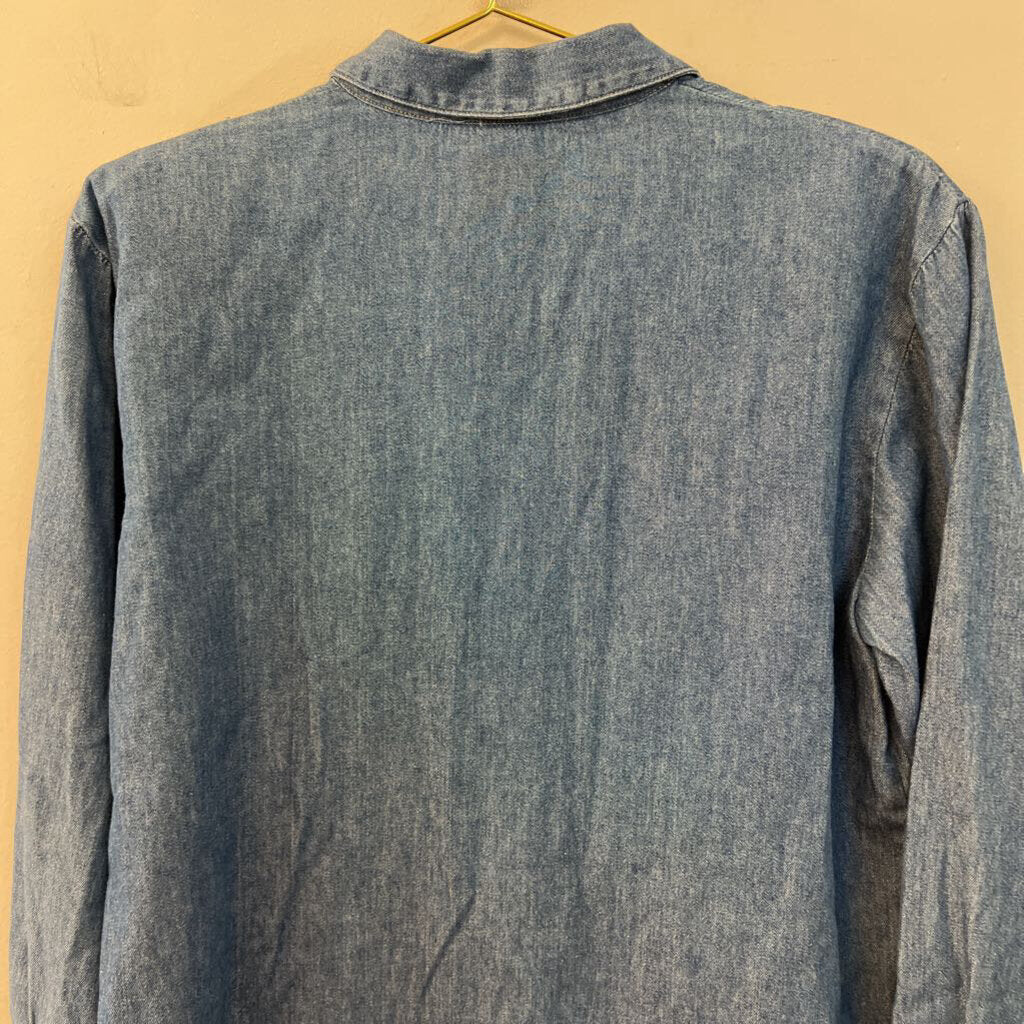 Vintage Teddi Blue Chambray Embroidered Leaf Long Sleeve Button Down Top Small