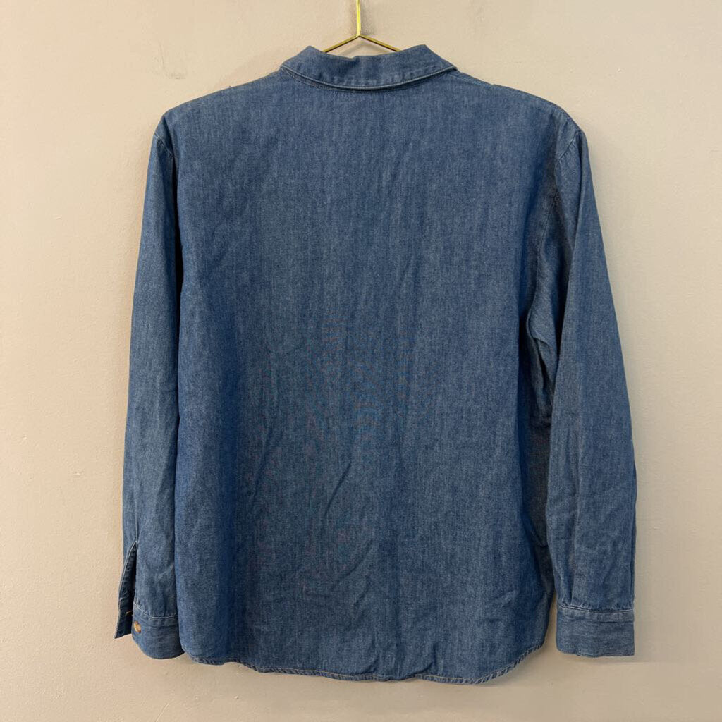 Vintage Teddi Blue Chambray Embroidered Leaf Long Sleeve Button Down Top Small