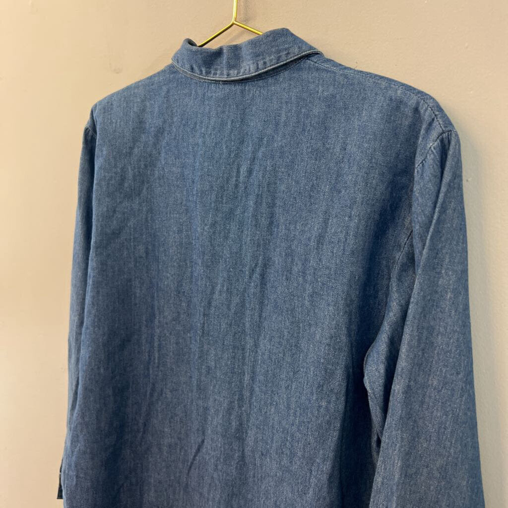 Vintage Teddi Blue Chambray Embroidered Leaf Long Sleeve Button Down Top Small