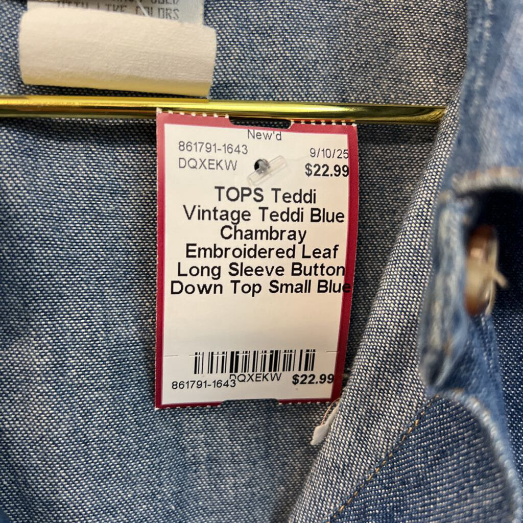 Vintage Teddi Blue Chambray Embroidered Leaf Long Sleeve Button Down Top Small