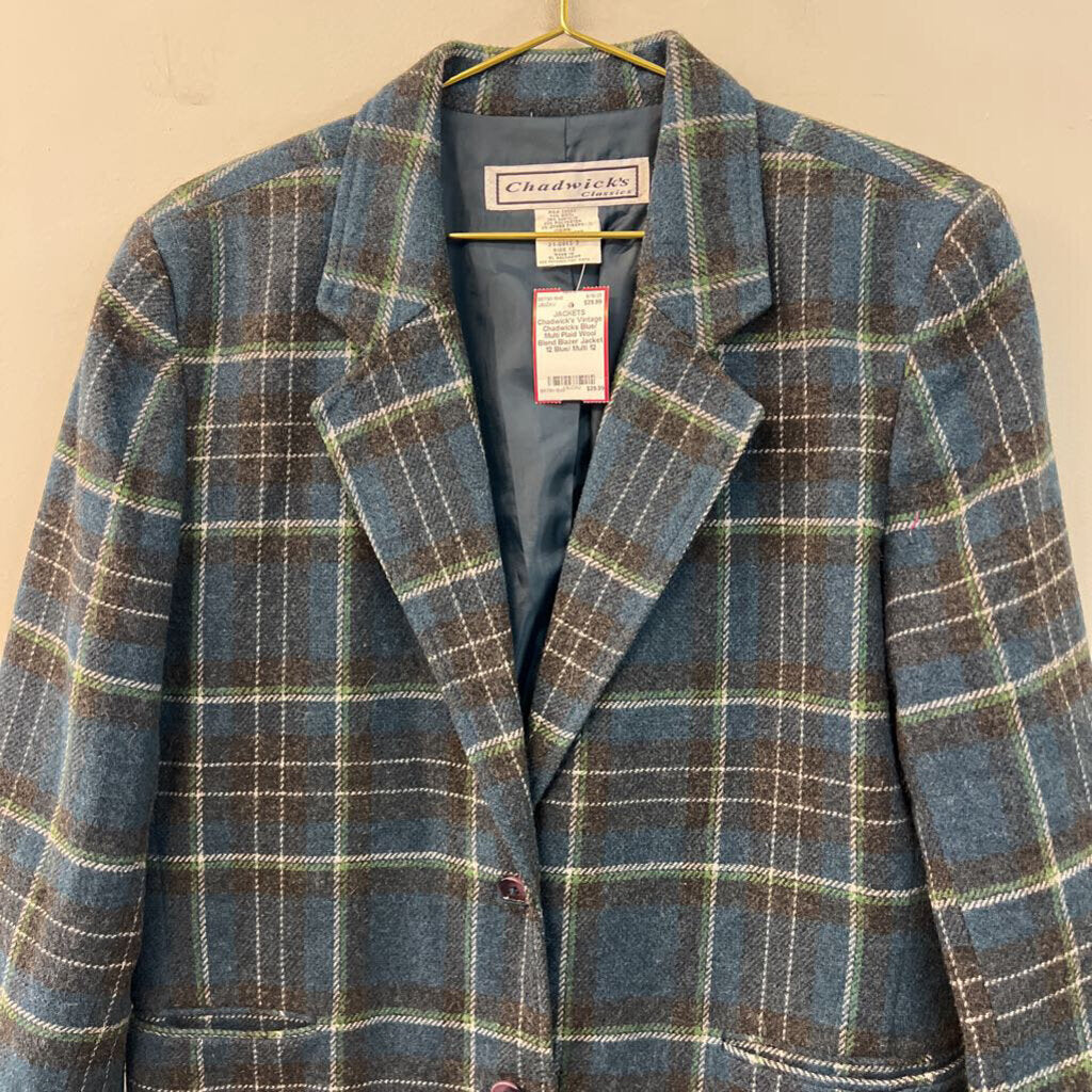 Vintage Chadwicks Blue/ Multi Plaid Wool Blend Blazer Jacket 12
